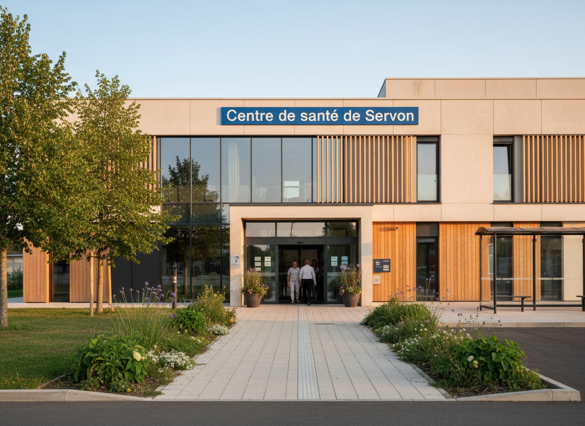 Centre de santé de Servon, bâtiment moderne, entrée accueillante, environnement urbain ou semi-rural, ambiance professionnelle et sereine